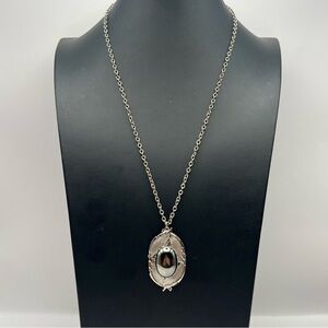 Vintage MCM Silver Tone Pendant Necklace w/ Faux Hematite Cabochon Center